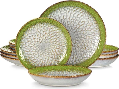 Image de Set de table – 12 pièces – 4 personnes – Porcelaine – Couleurs assorties – Assiettes plates, assiettes à dessert et assiettes creuses