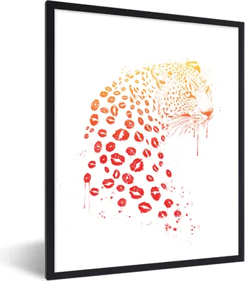 Produktbild von MuchoWow® Gerahmtes Poster Leopard - Lippen - Rot - Tiere - Design 60x80 cm - Poster mit Schwarzem Bilderrahmen Wandposter Rahmen Foto Bilder - Premium - Wanddeko Wohnzimmer