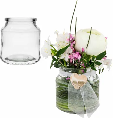 Produktbild von 12 x Teelichtgläser - Windlichter mit cremefarbenem Band H 7,5 cm - Teelichthalter - Tischvase - Glasvase - Dekovase