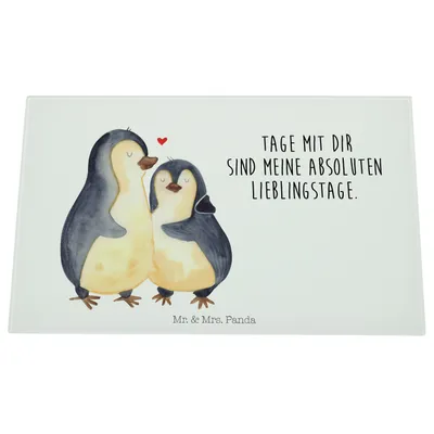 Produktbild von Mr. & Mrs. Panda Küchenbrett Pinguin umarmen - Weiß - Geschenk, Glasbrettchen, schneidbrett, Schneidplatte Glas, Schneideplatte, Hackbrett, Schneidebrett Aus, Hochzeit