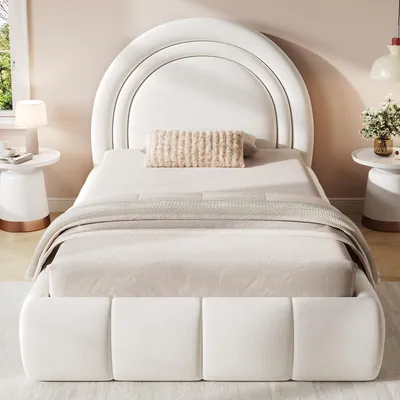 Produktbild von Merax Polsterbett Kinderbett 90x200cm, Einzelbett mit hydraulisches Stauraum, Funktionsbett mit Lattenrost, gepolstertem Kopfteil, Samt, Beige
