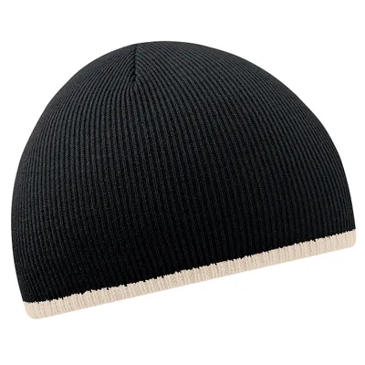 Produktbild von Beechfield Uni Beanie / Mütze / Strickmütze mit Kontrastrand RW242 (Einheitsgröße) (Schwarz/Beige)