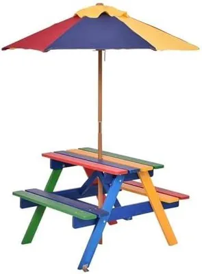 Produktbild von Kindersitzgruppe mit Sonnenschirm, Kindersitzgarnitur aus Massivholz, Kinder Picknicktisch, Bunt