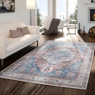 Produktbild von TT Home Wohnzimmer Teppich Esszimmer Waschbar Flachgewebe Used Look Marokko Größe 200 cm Rund