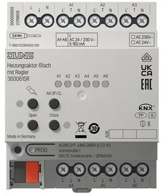Imagen del producto de JUNG JG 36006 1S R KNX: Actuador de calefacción de 6 canales con regulador