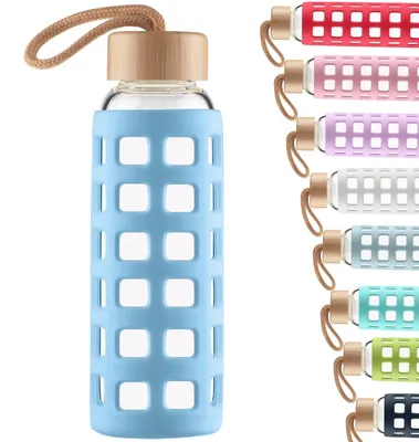 Image de Bouteille d'eau en verre pour le sport, avec étui en silicone et couvercle en bambou - 1000 ml