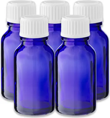 Produktbild von 5x Blaue Glasflasche 15 ml mit weißem PP-Schraubverschluss Kappe leer