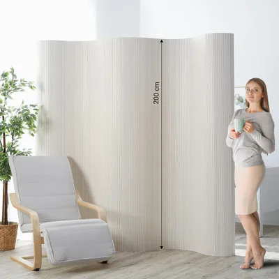 Produktbild von Homestyle4u Paravent aus Bambus & Polyester, Wellenform, Weiß, 200x250 cm, für Wohn-, Schlafzimmer & Büro