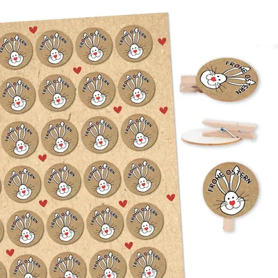 Produktbild von 35 Mini Holzklammern + Osteraufkleber mit Osterhase Frohe Ostern - Osterdeko Verzierung Osterverpackung