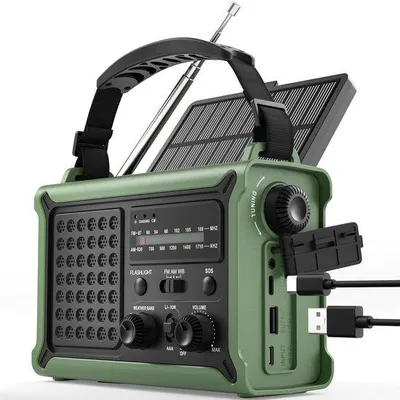 Zdjęcie produktu dla Przenośne radio awaryjne Unyqoos® zasilane energią słoneczną i korbką, powerbank o pojemności 12000 mAh, radio AM/FM z anteną 360°, latarka, lampka do czytania i alarm SOS – idealne na camping i sytuacje awaryjne