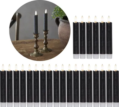 Produktbild von LED Stabkerzen 24 Stück ECHTWACHS SCHWARZ mit Timer Funktion 6 Stunden 15cm Höhe für Kerzen 2,2cm Durchmesser 2 AAA Batterien notwendig LED Stabkerzen 4er Set SCHWARZ (sechs Mal) bewegliche Flamme