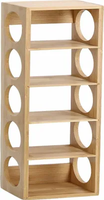 A wooden wine rack with circular openings on the side.