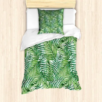 Produktbild von ABAKUHAUS Blatt Bettbezug Set, Aquarell-Druck-botanische wilde Palmen verlässt Ombre Entwurfs-Bild, 135 x 200 cm + 80 x 80 cm, Grün Weiß