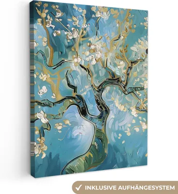Produktbild von MuchoWow® - Leinwandbilder - Mandelblütenbaum - Blau - Abstrakt, Wandbild, Wanddeko Bilder Wohnzimmer, 60x80 cm