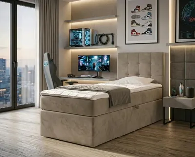 Produktbild von NORDELO Boxspringbett INCANTO 120x200 cm AMOR Velvet Taupe Komplett-Set gepolstertes Einzelbett mit Stauraum, Matratze und 4 cm Visco-Topper, Bonellfederkernmatratze, T30-Schaum