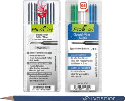 Produktbild von Pica Dry Minen Set - 10 Stück Ersatzminen graphit 2B Multi-Use und 8 Stück Ersatzminen wasserstrahlfest in blau/weiß/grün