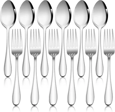 Produktbild von 12-teiliges Edelstahl Besteckset, hochglanzpoliert, 6 Esslöffel (18,8 cm) + 6 Gabeln (19 cm)