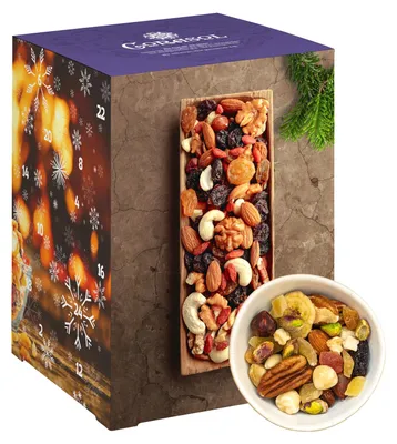 Produktbild von Corasol gesunder Frucht-Nuss-Mix Premium Adventskalender mit 24 fruchtigen Mischungen aus Trockenfrüchten & Nüssen zum Knabbern & Snacken (720 g)