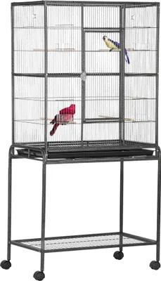 Produktbild von PawHut Vogelkäfig mit Rädern, 81 x 48 x 162,5 cm, Metallvoliere mit Tablett, 4 Sitzstangen, 4 Futterspender und Lagerregal für Kanariensittiche, Schwarz und Grau