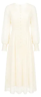 Produktbild von Beiges Damen Kleid, reguläre Passform, mit V-Ausschnitt und Blumenstickerei, Größe M