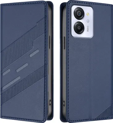 A blue flip case for a smartphone is shown from two angles, open and closed.