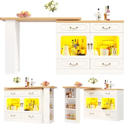 Produktbild von Flieks Bartisch Essbar 360° drehbar, Esstisch mit Led, Küchentisch mit Usb, Musikwiedergabe- und Mikrofonfunktion, 135-203x39x92.8 cm, Weiß