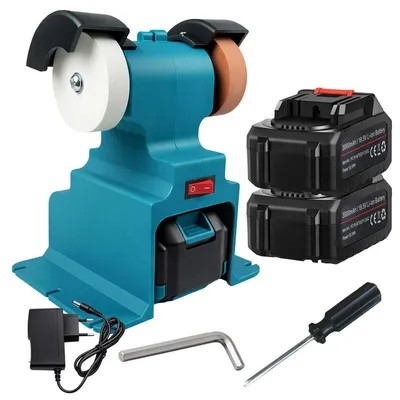 Produktbild von RealG RC-K-2306: Akkubetriebene Tischbohrmaschine mit zwei Schleifscheiben, 2 Schleifsteine, 0-6000 U/min, 2 x Akku mit 3000 mAh