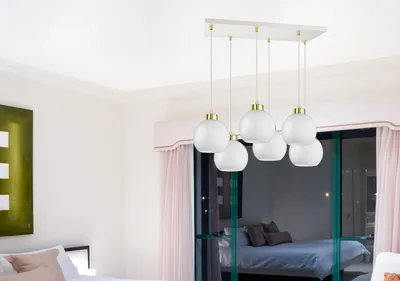 Obrázek produktu pro LUXOLAR - Led závěsné svítidlo - Stropní svítidlo 6 plamenů bílé zlaté E27 60W - Závěsné svítidlo do obývacího pokoje, kuchyně - Bílá skleněná koule