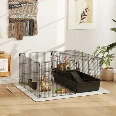 Zdjęcie produktu dla PawHut 99 cm klatka dla małych zwierząt z kojcem, klatka dla małych zwierząt z butelką na wodę, miską do karmienia, klatka dla gryzoni z karmnikiem, klatka dla świnki morskiej dla małych zwierząt, stal, czarna
