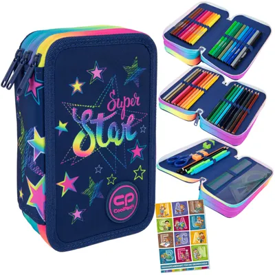 Produktbild von Goldkids - Federmäppchen 3 Fächer - Mäppchen für für Mädchen und Jungen - Federmappe 3-Fach Schulmäppchen und Hausaufgabenheft - Stars Motiv