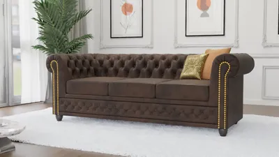 Produktbild von S-STYLE MÖBEL - Vibe - Chesterfield 3 sitzer Sofa aus Dunkelbraun Vintage Optik Microfaser mit Holzfüßen, B/T/H: 203 cm/ 86 cm / 72 cm