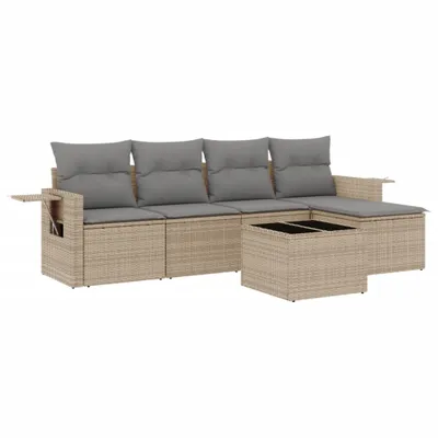 Produktbild von 6-tlg. Garten-Sofagarnitur, modular mit Stauraum, PE-Rattan Beige, UV-beständig, klappbare Ablagen, Kissen Hellgrau