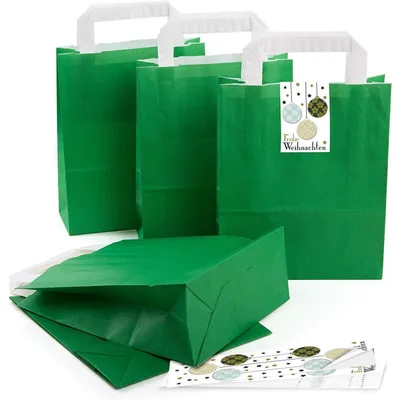 Produktbild von 5 kleine dunkel-grün Papier-Tüte Geschenk-Tütchen mit Henkel Boden 18 x 8 x 22 cm + 5 Aufkleber FROHE WEIHNACHTEN DANKE KUNDEN BAUM schwarz weiß gold Geschenk-Verpackung Beutel beschriftbarWeihnachtskugeln / 10 Stück
