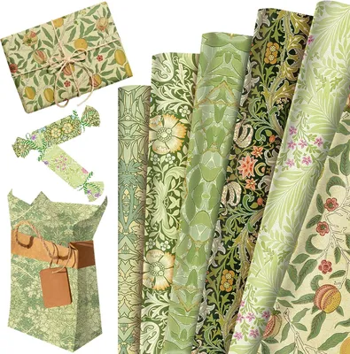 Zdjęcie produktu dla Zielony papier do pakowania prezentów z motywem kwiatowym, 12 arkuszy, 50 x 68 cm, idealny do rękodzieła i pakowania prezentów
