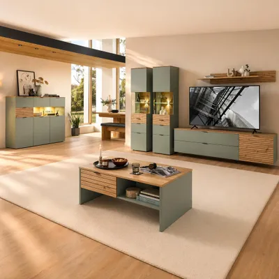 Produktbild von Wohnzimmer Set in Grün mit Eiche, inkl. Beleuchtung, Highboard & 2 Vitrinen & 2 Lowboards & Wandboard & Couchtisch, 7-teilig - ISCHIA-36