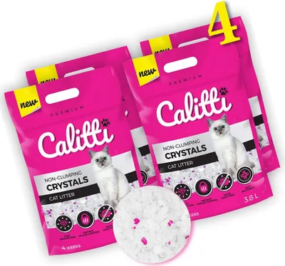 Produktbild von Calitti Silikat Katzenstreu – Premium Kristallstreu, antibakteriell & staubfrei – 4er Set (4×3,8 L = 15,2 L)