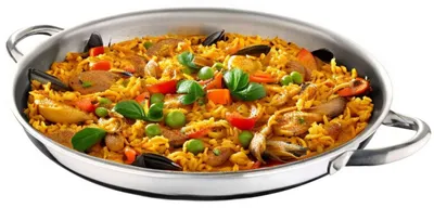 Produktbild von Paellapfanne Ø 36 cm – Edelstahl Induktion große Paella-Pfanne mit kratzfester Wabenstruktur-Antihaftbeschichtung