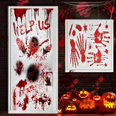 Productafbeelding van Halloween-decoratie voor ramen, set met posters van zombies, herbruikbare decoraties met bloedspatten, voetafdrukken en muurstickers voor de decoratie van een Halloweenfeest in spookhuisstijl