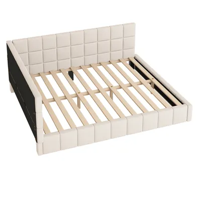 Obrázek produktu pro okwish Polstrovaná postel Rozkládací pohovka 160*200cm, Dětská postel, Bez matrace, Multifunkční postel s lamelovým roštem z příjemného sametového materiálu Béžová