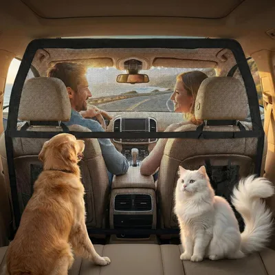 Produktbild von Hundegitter Auto Rücksitz & Kofferraum — 107*127cm Hundeauto Trenngitter mit verstärkte Transparentem Netz und Stabilem Metallrahmen, Trennbarriere für Hunde Universal Fit für SUV und Limousine