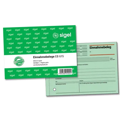 Produktbild von SIGEL EB615 Einnahmebelege, Papier grün, mit Sicherheitsdruck, A6 q, 50 Blatt