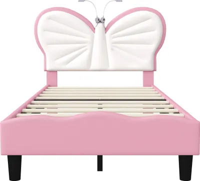 Produktbild von Kinderbett Polsterbett 90x200cm, Einzelbett Bettgestell mit LED-Leselampe, verstellbarem Kopfteil, Jugendbett für Jungen & Mädchen, Samt, ohne Matratze, Rosa