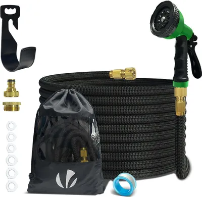 Produktbild von VOUNOT® Flexibler Gartenschlauch 15m, Flexibel Wasserschlauch Dehnbarer mit 10 Sprühfunktionen, Messinganschlüssen,Schwarz