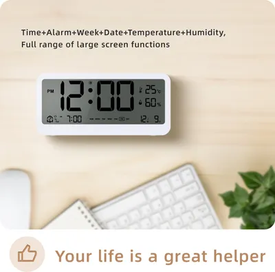 Imagen del producto de Reloj digital multifuncional con pantalla LED, brillo ajustable, indicador de temperatura y humedad, función de alarma con dos modos, visualización de día de la semana, fecha y mes, formato de 12/24 horas, función de repetición, ajuste automático del brillo y modo de iluminación nocturna