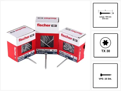 Image de Fischer Power-Fast II FPF II Vis pour panneaux d'aggloméré 6,0x100 mm 25 pièces ( 670533 ) Pan Head avec Torx Filetage partiel électro-galvanisé, passivé bleu