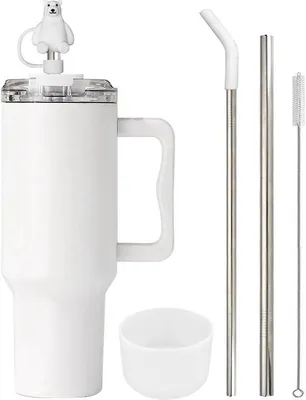 Produktbild von Famanu Thermobecher 1200 ml - Doppelwandig, vakuumisoliert, mit Handgriff und Strohhalm, weiß