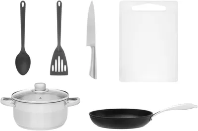 Produktbild von JUNG Maku Starterset Küche 6 tlg, Geschenkidee, Topf 20cm & Pfanne 26cm, Pfannenwender, Schöpfkelle, Schneidebrett, Kochmesser, Kochgeschirr Set