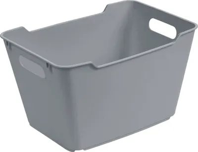 A gray storage bin with handles is shown against a white background.