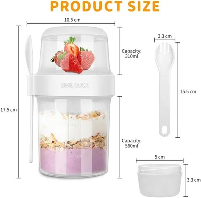 Praktischer Joghurtbecher mit Löffel, auslaufsicherer Frühstücksbecher für unterwegs, ideal für Müsli und Brei (560+310ML)