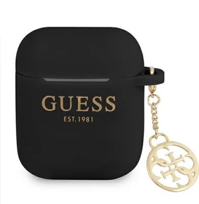 A black AirPods case with a gold Guess logo and a gold charm.